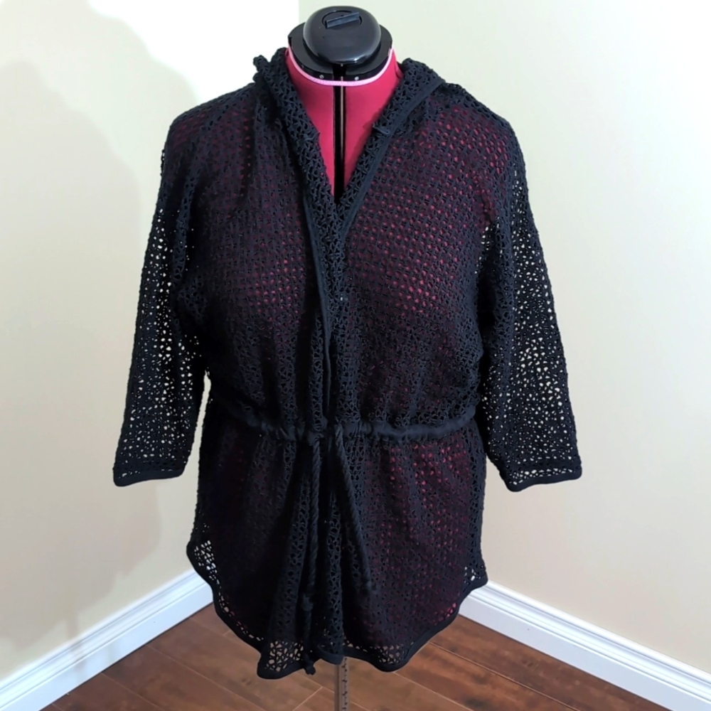 Bikini Village| Black Net Cotton Kaftan Drawstring Waist